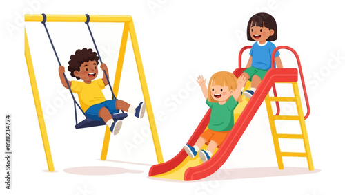Childhood Playground: An illustration capturing the joy of childhood, featuring three kids playing, with two using a swing and one sliding on a red slide under a sunny sky.