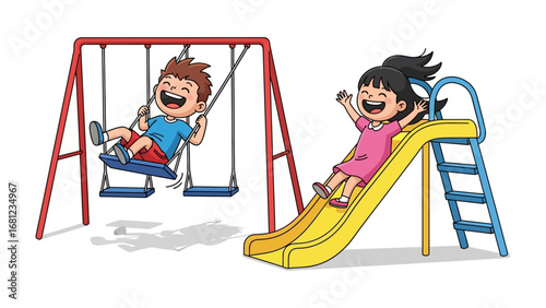 Playground Fun: Two joyful children revel in the freedom of a park, one on a swing and the other on a slide, expressing a beautiful friendship and the simple joys of childhood.