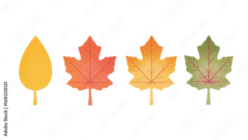 Vibrant collection of illustrated autumn leaves showing seasonal color change from green to yellow and red isolated on white Vibrant collection of illustrated autumn leaves showing seasonal color change from green to yellow and red isolated on white