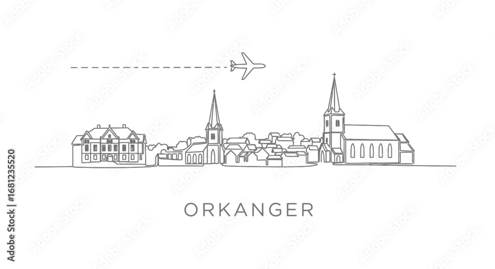 Fototapeta premium Orkanger, Norway, Skyline Outline with Airplane