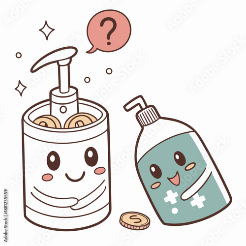 Vector illustration of Cute cartoon soap dispenser and hand sanitizer with coins