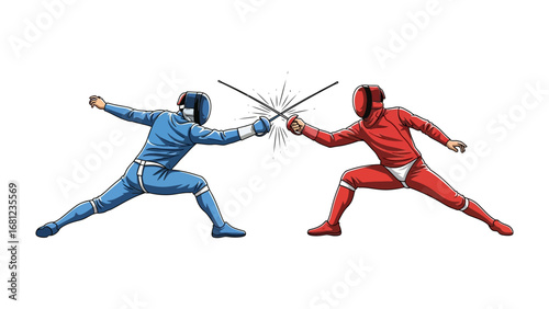 Duel of Champions: Intense moment captured in a fencing match, two fencers clad in protective gear engaged in a dynamic display of skill and strategy. The focus is on the precise movements.