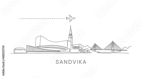 Sandvika Skyline Line Art with Airplane