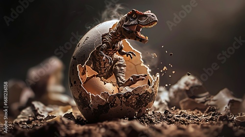 A newborn Dinosaur lets out a mighty roar as it dramatically emerges from its egg. Surrounded by shattered shell and rising dust, this powerful image captures the birth of a prehistoric predator