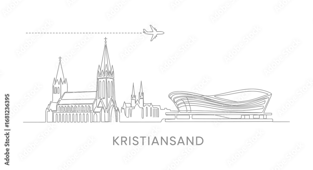 Fototapeta premium Kristiansand Skyline Line Art with Airplane