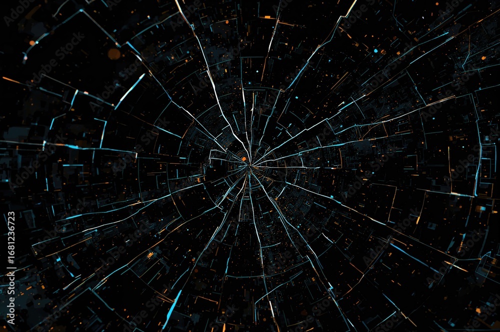 Fototapeta premium Futuristic distortion with fractured layers and glowing blue, orange, and white noise effects on a dark textured background.