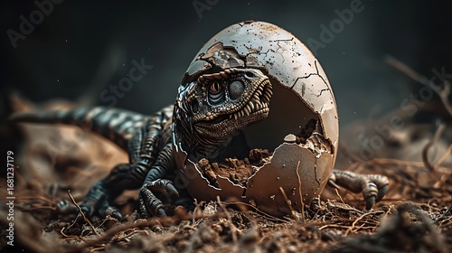 A newborn Dinosaur lets out a mighty roar as it dramatically emerges from its egg. Surrounded by shattered shell and rising dust, this powerful image captures the birth of a prehistoric predator