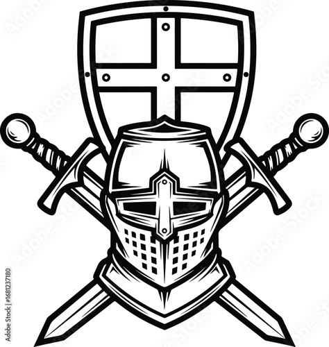 Knight: A classic line art illustration of a medieval knight's helmet and shield, with two swords crossed behind it, representing power and valor.