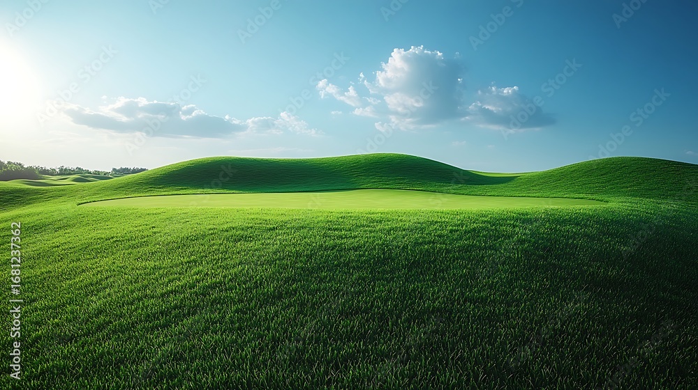 Obraz premium Stunning green golf course landscape with bright sunlight and fluffy white clouds photo