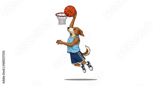 Canine Athlete Soaring: A determined canine leaps towards a basketball hoop, embodying athleticism and playful spirit in a vibrant illustration.
