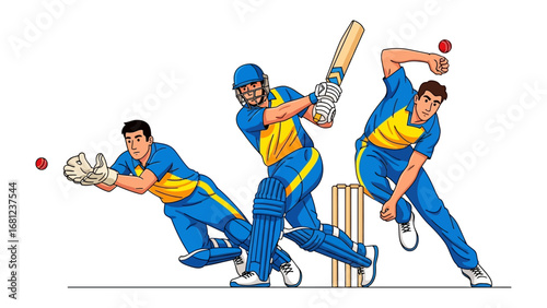 Cricket Action Sequence: Dynamic illustration showing a cricket match moment, capture the movement of the bowler, the batsman, and the fielder. capturing the moment in an artistic illustration 