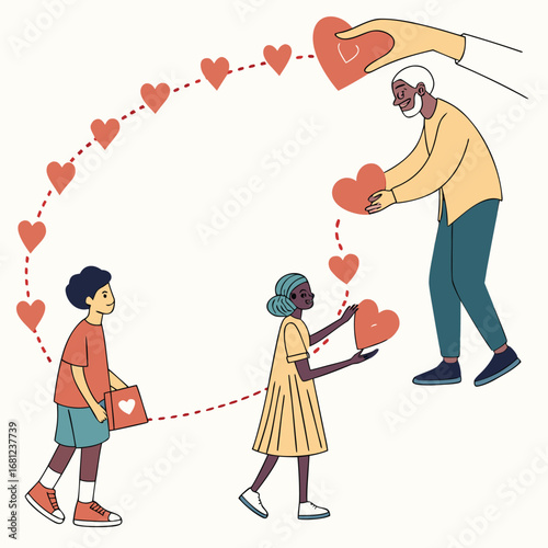 Vector illustration of Diverse people sharing hearts in a chain of kindness and love