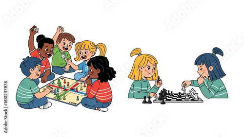 Childhood Games: A vibrant illustration showcasing children deeply engrossed in various board games, symbolizing friendship, strategic thinking, and joyful childhood.