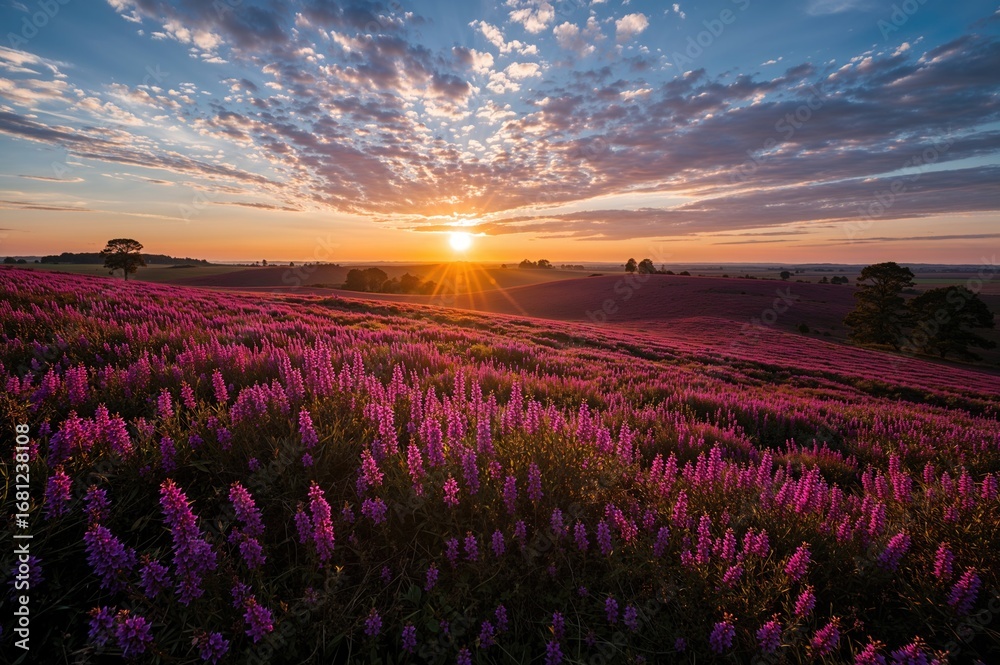 Naklejka premium Twilight over a natural sanctuary featuring vibrant purple heather draws visitors