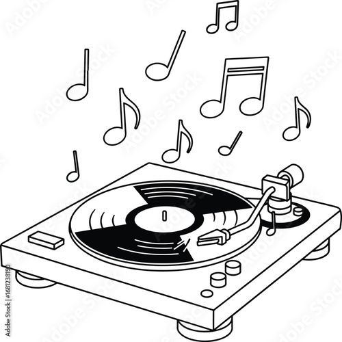 Turntable: A clean line art illustration of a turntable with music notes floating above it, symbolizing music, retro culture, and DJing.
