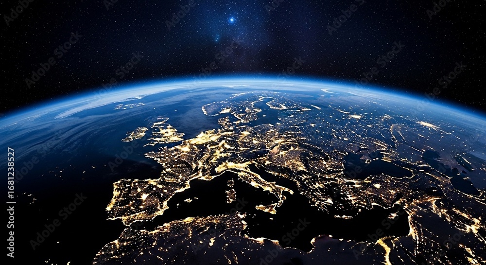Naklejka premium Nighttime Europe from Space Showing Cities Illuminated by Electricity