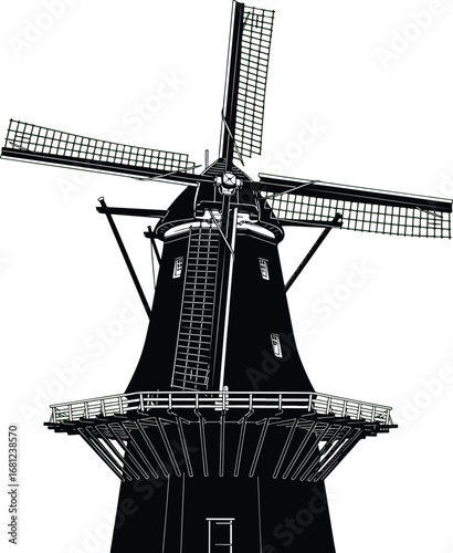 Windmill: A detailed line art illustration of a classic dutch windmill, showcasing its intricate structure and powerful blades.