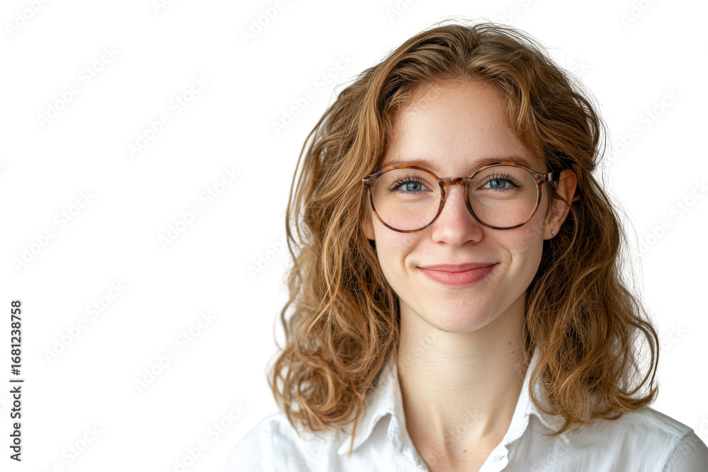 Obraz premium Young woman with curly red hair and glasses smiling isolated on transparent background.