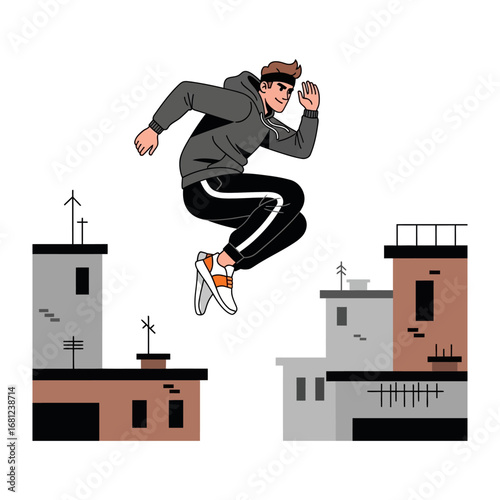 Urban Acrobat: A dynamic illustration of a young athlete leaping confidently between buildings, a testament to physical prowess and urban exploration.