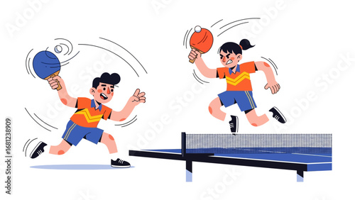 Ping Pong Match: Energetic Illustration of two figures mid-game, displaying swift reflexes, and joyful determination, in a dynamic showcase of sportsmanship.