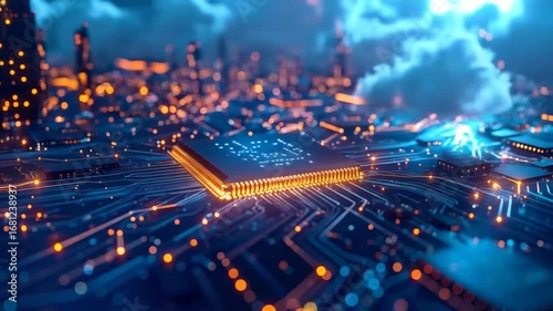 Abstract futuristic technology concept with circuit board and glowing processor under clouds