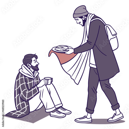 Vector illustration of Generous person offering food to a person in need