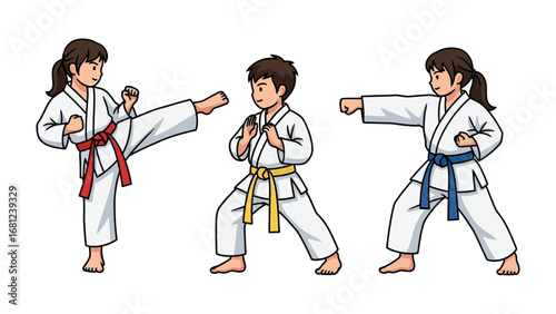 Karate Kids: Three young karate practitioners display martial prowess, showcasing strength, precision, and discipline in this captivating illustration.