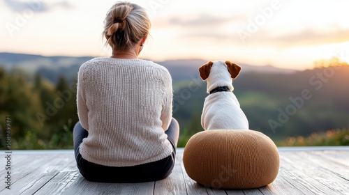 An unrecognizable senior woman enjoying a summer day outdoors with her dog, relaxing on a terrace surrounded by nature.