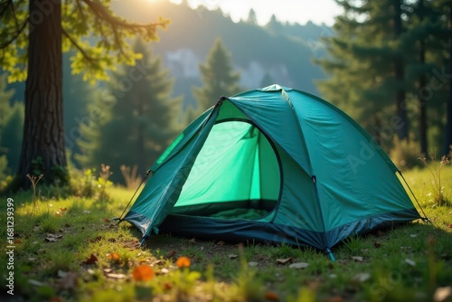 Spacious teal tent ready for camping trip Relax and enjoy nature , window, light, recreation