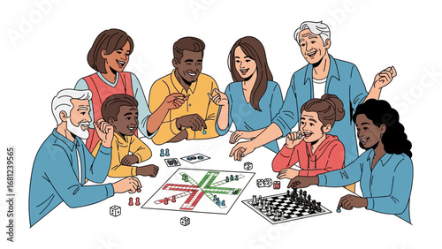 Family Game Night: A multigenerational family gathers around a table, their faces alight with joy as they immerse themselves in a friendly game.