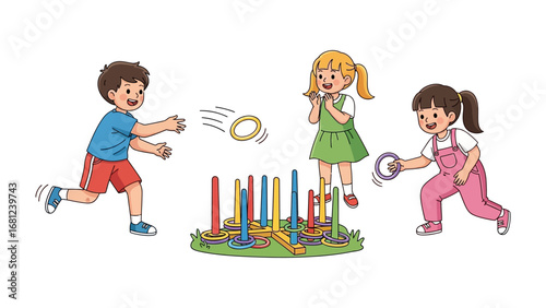 Ring Toss Game: Three playful children engaging in the classic ring toss game, demonstrating hand-eye coordination and joyful interaction. Capturing the delight and fun of childhood leisure.