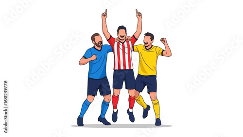 Triumphant Team on Field: A vibrant illustration showcasing a group of elated soccer players celebrating a victory, exuding energy and unity on a stylized playing field.