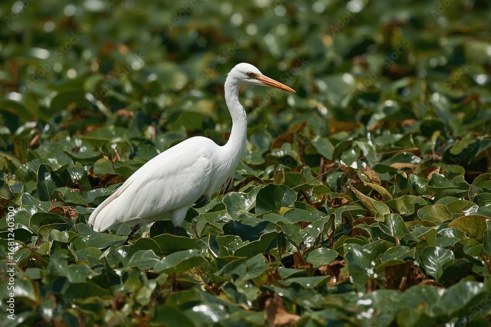 Fototapeta premium White heron standing in an open meadow