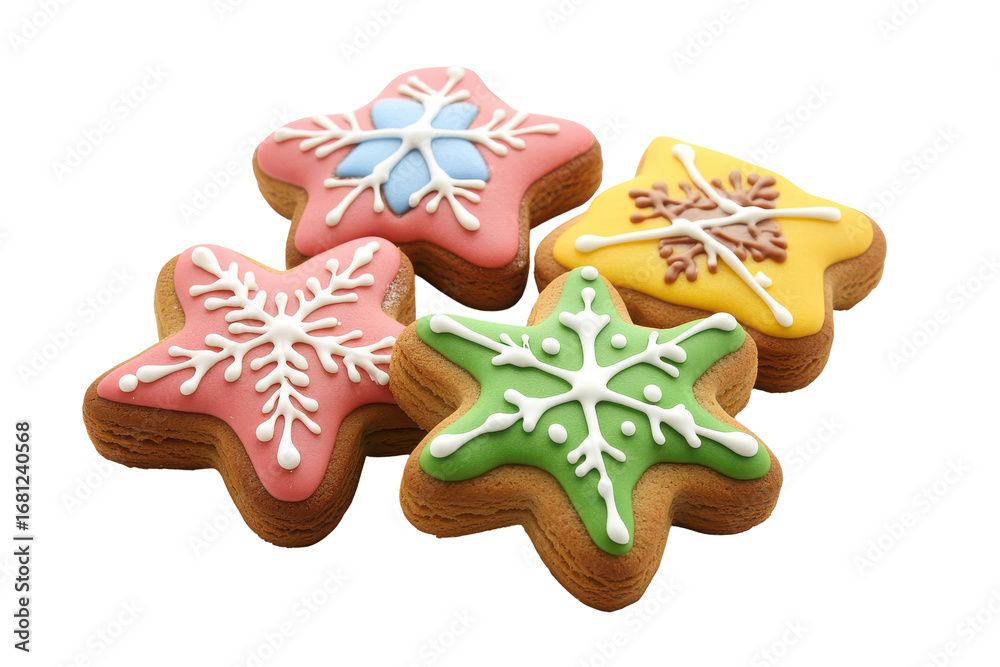 Obraz premium Four star shaped christmas cookies with colorful icing isolated on transparent background.