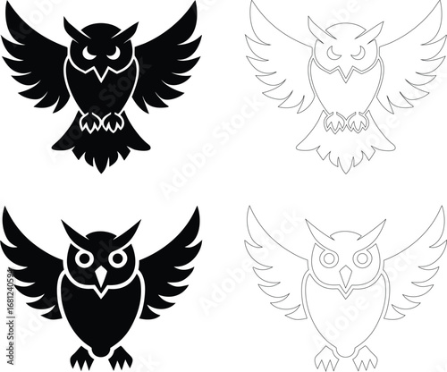 Silhouette of an owl flying toward viewer with open wings, flat bold black vector