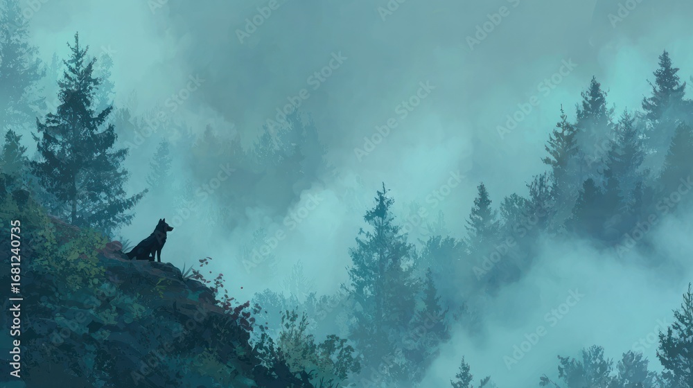 Fototapeta premium Dog on mountain top misty forest