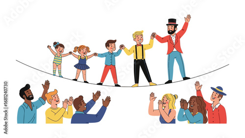 Tightrope Walkers' Act of Triumph: A captivating illustration showcases performers walking on a tightrope with an audience observing their elegant and skillful act.
