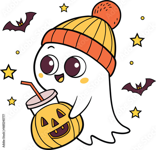 Cute Halloween Ghost with Beanie and Pumpkin Drink Vector T-Shirt Design