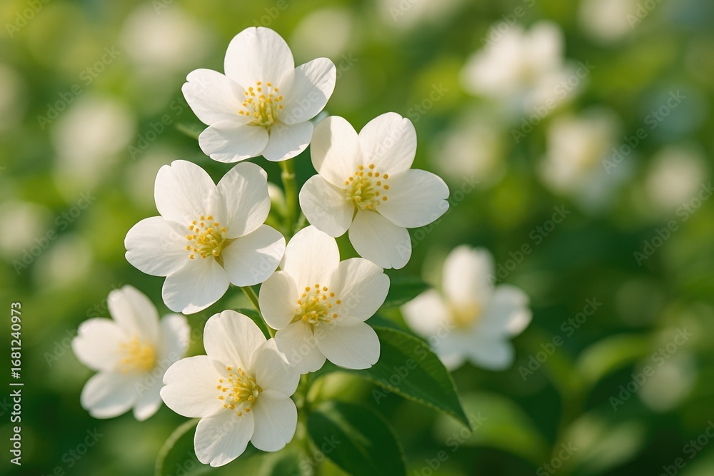 Obraz premium Delicate white flowers in focus with a picturesque scene behind