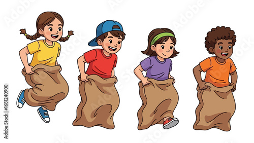 Sack Race Fun: Capture a moment of pure joy as a diverse group of children participate in a lively sack race, embodying youthful energy and the spirit of friendly competition. 