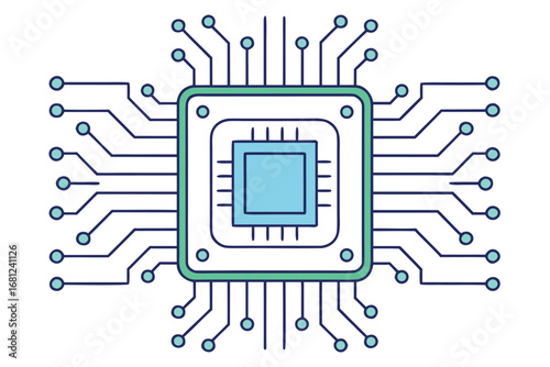 Blue and Green Microchip with Connected Circuit Lines on White Background processor computer