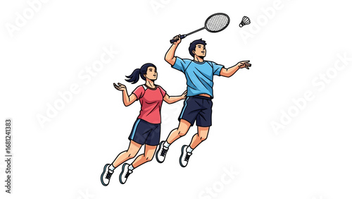 Badminton Dynamics: A dynamic illustration of a badminton match captures a moment of peak action, as a player prepares for a powerful overhead smash with the shuttlecock soaring through the air.