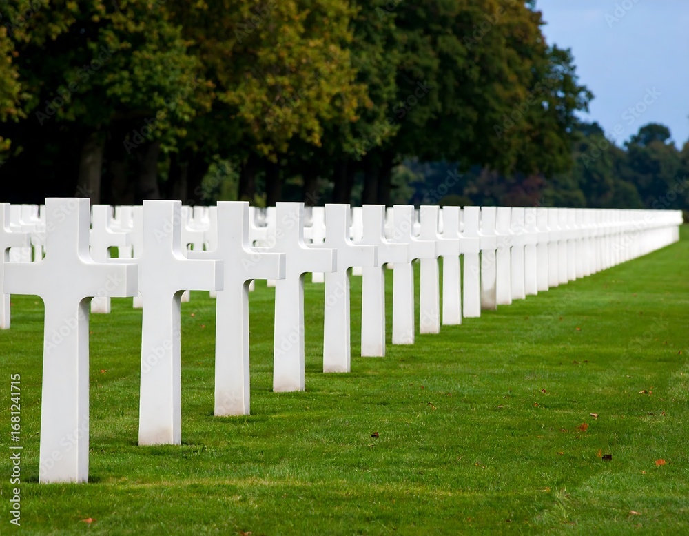 Naklejka premium Rows of white crosses in a cemetery