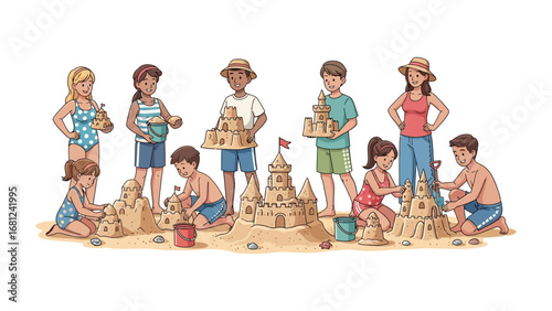 Beachside Builders: A cheerful gathering of young sand sculptors and one adult on the beach. Capturing the joy of building sandcastles under the sun. 