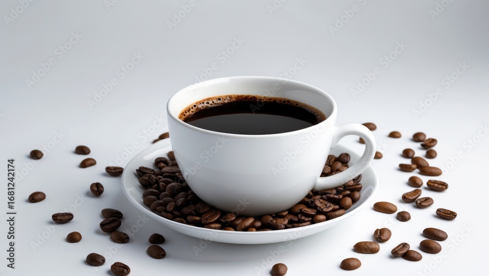 Fototapeta premium Plain white background featuring a white cup filled with black coffee
