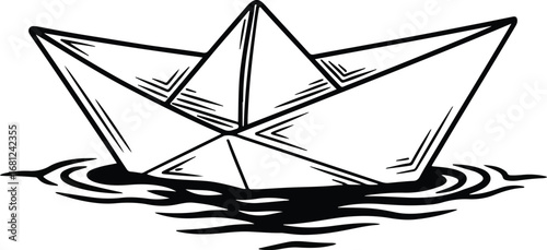 Paper Boat: A simple line art illustration of a paper boat floating on the water, creating a clean, whimsical, and nostalgic feel.