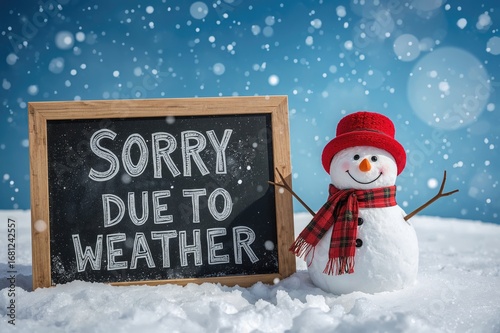 Apologies, we are shut because of the weather - chalkboard with a snowman wearing a scarf and hat in the snow