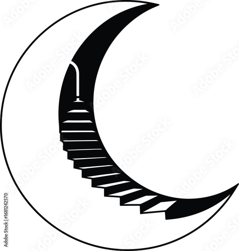 Moon: A clean and surreal illustration of a crescent moon with a staircase and a door, symbolizing a journey to new worlds or spiritual paths.