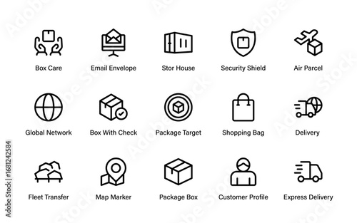 Professional supply chain logistics line icon pack. Modern clean vector illustrations representing delivery, global trade, shipping, and cargo management.