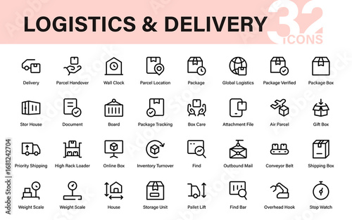 Delivery and logistics professional line icon pack. Modern clean vector set for supply chain, commerce, freight, and shipping visuals.